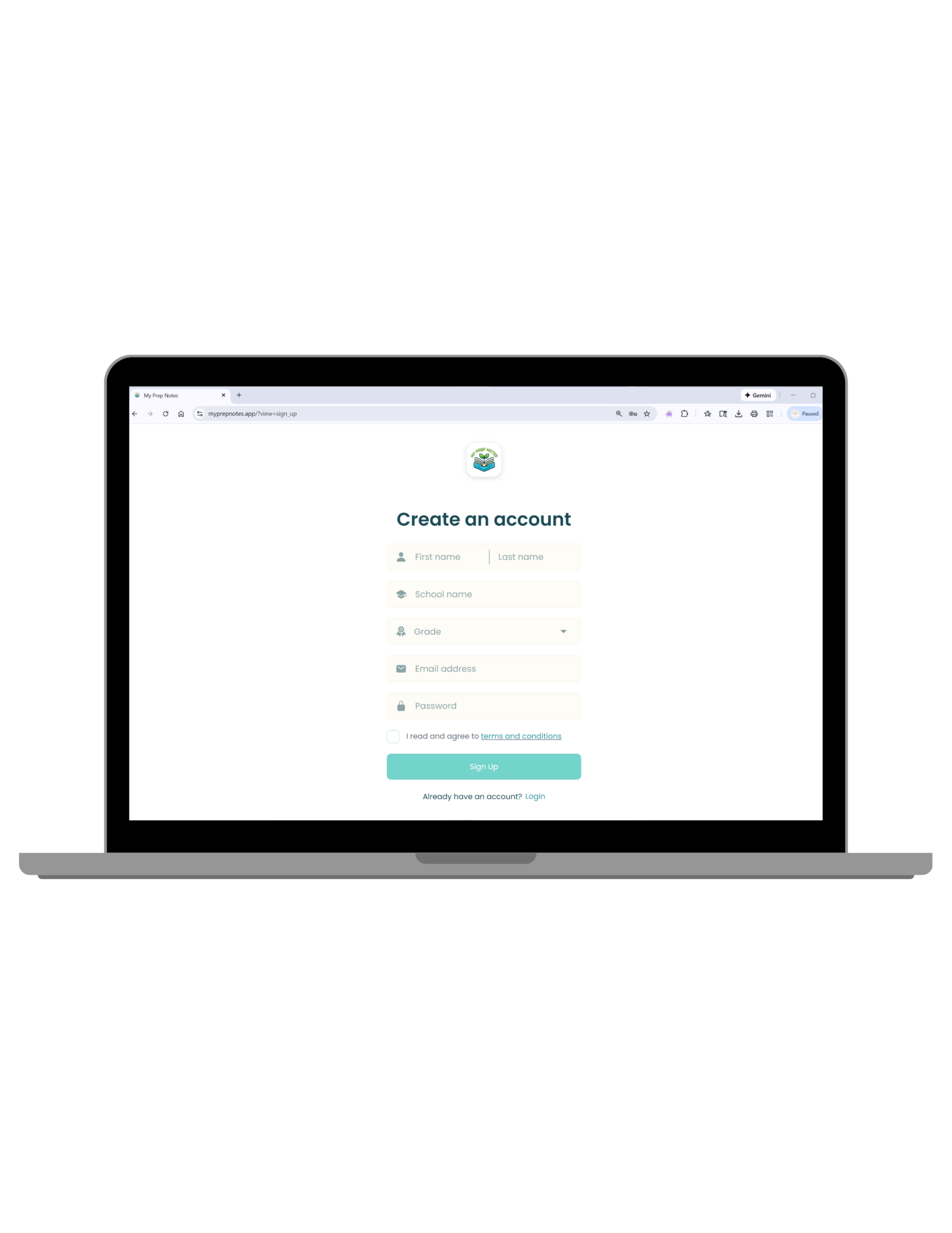Laptop displaying a 'Create an account' screen on a white background